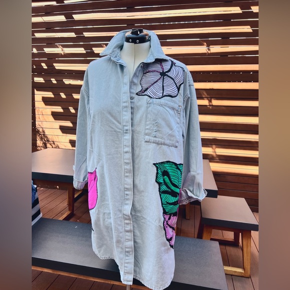 Distressed Denim Tunic with Tropical Print. Only 1 made. - Picture 3 of 7